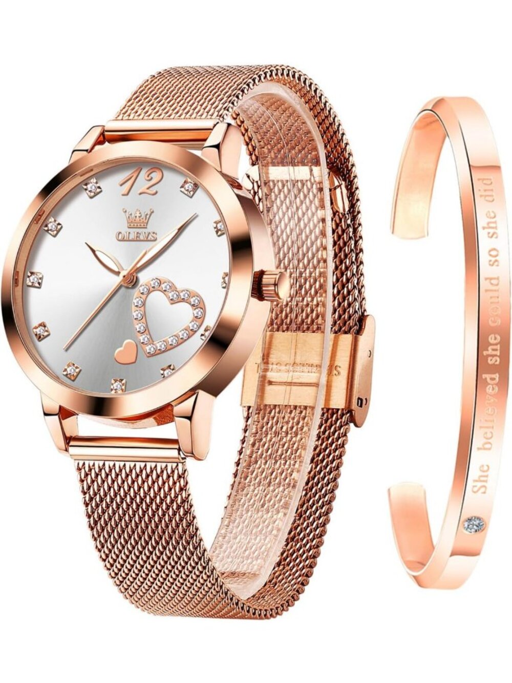 Stylish Rose Gold Women's Watch - Mesh Strap, Waterproof, Luminous Hearts Design